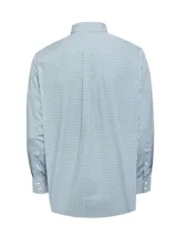 Camisa de manga larga RKF de corte regular, con patrón de cuadros vichy en tonos verde, azul y blanco. Cuenta con cuello abotonado, cierre frontal de botones, bolsillo en el pecho con el logo bordado y acabado resistente a las arrugas.