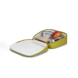 Lonchera térmica Jansport modelo Lunch Break, color verde lima, con compartimento principal aislado y bolsillo exterior con cierre. Presenta un parche frontal con un corazón sonriente y el texto "PLEASE BE KIND KEEP ME IN MIND".