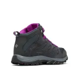 Bota de trekking Columbia modelo Crestwood Mid, color gris con detalles en fucsia. Confeccionada en una combinación de piel y malla, cuenta con tecnología impermeable Omni-Tech, entresuela TechLite para amortiguación y suela Omni-Grip para tracción en diversos terrenos.