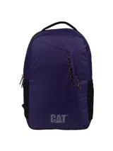 Mochila Cat modelo Explorer, color azul, con compartimento principal y bolsillo acolchado para laptop. Cuenta con bolsillo frontal con cierre, bolsillos laterales de malla, correas acolchadas y panel trasero ergonómico. Incluye detalles de cordones decorativos y logotipo reflectante.