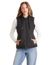 Chaleco capitoneado de color negro con diseño acolchado en forma de rombos. Presenta capucha integrada con cordones de ajuste, cierre frontal completo y bolsillos laterales con cierre a presión.