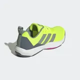 Championes de entrenamiento Adidas Rapidmove 2, color amarillo neón con detalles en gris y blanco. Presentan un diseño de malla transpirable, mediasuela con tecnología Lightstrike para mayor amortiguación y reactividad, y sistema de atado ajustable.
