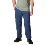 Pantalón convertible de senderismo color azul, diseñado con tecnología de secado rápido y protección solar. Cuenta con bolsillos cargo laterales, bolsillos de seguridad con cremallera y perneras desmontables mediante cremallera que permiten convertir la prenda en un pantalón corto.
