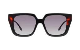 Lentes de sol de acetato con marco cuadrado color negro y carey, y lentes grises degradadas.