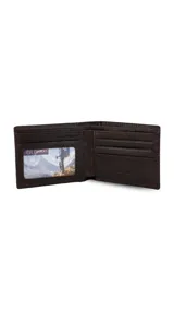 Billetera de cuero color marrón oscuro con pespuntes decorativos. Incluye un tarjetero con visor extraíble, doble compartimento para billetes, múltiples ranuras para tarjetas y bolsillos interiores.