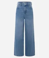 Pantalón wide leg de tiro alto confeccionado en jean de algodón, con pretina con pasacintos, cierre frontal con botón y cremallera, y bolsillos delanteros y traseros.