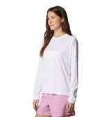Remera de manga larga Columbia, diseñada para actividades al aire libre, con tecnología de protección solar y secado rápido. Presenta cuello redondo y logo de la marca estampado en el pecho y en la manga.