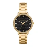 Reloj analógico Michael Kors con caja y malla de acero inoxidable en tono dorado. La esfera es de color negro con el logo de la marca grabado en relieve y cuenta con un bisel decorado con cristales brillantes.