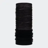 Braga de cuello Buff Polar, bicolor. La parte superior es un tubo de tejido elástico con estampado geométrico en tonos de gris oscuro y negro. La parte inferior es de forro polar liso negro, proporcionando mayor abrigo.