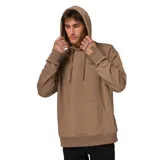Buzo con capucha y bolsillo frontal tipo canguro, confeccionado en tejido French Terry color tostado. Presenta un diseño de corte relajado con puños y ruedo acanalados, y un pequeño bordado en el pecho.