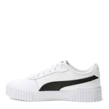 Championes Puma modelo Carina 2.0, de diseño urbano con plataforma. Presentan una base blanca con la característica franja lateral de la marca en color negro y suela de goma con textura acanalada.