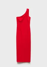 Vestido midi de diseño entallado y cuello asimétrico con un solo hombro. Presenta un detalle de pliegue en el tirante y una caída lateral larga, con cierre de cremallera lateral y forro interior.