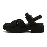 Sandalias de mujer Vizzano con tiras cruzadas blancas en el empeine, tira ajustable con hebilla metálica en el talón, y suela flatform negra con plataforma track.