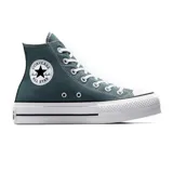 Championes Converse Chuck Taylor All Star de caña alta, color verde oscuro, con plataforma blanca y cordones blancos. Incluye el parche clásico de la marca en el tobillo.