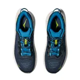 Championes de running Hoka modelo Kawana 2, color azul marino con detalles en azul claro y amarillo neón. Presentan una suela de amortiguación gruesa con efecto moteado y diseño ergonómico para mayor estabilidad.
