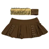 Pollera mini de tiro bajo color marrón, con diseño plisado y detalles de cordones laterales con ojales metálicos. Presenta una banda de piel sintética removible en la cintura.