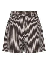 Short de tiro alto con cintura elástica, confeccionado en tejido plano con rayas verticales en tonos oscuros (marrón/negro) y blanco, con un acabado que simula un efecto brillante o foil.