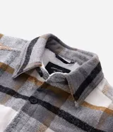 Campera de franela a cuadros con forro interno de sherpa, cierre frontal con botones, cuello camisero y bolsillos frontales en el pecho.