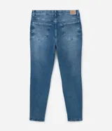 Pantalón de jean skinny azul con deshilachados, tiro alto y ajuste elástico en la cintura. Confeccionado en algodón BCI.