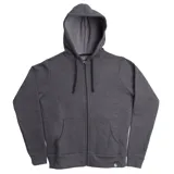 Campera con cierre frontal, capucha con cordones ajustables y bolsillos tipo canguro. Diseño liso en color gris oscuro con puños y ruedo acanalados.