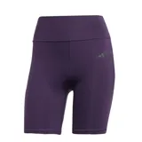 Calza corta deportiva Adidas de tiro alto, color violeta, con logo de la marca estampado en el muslo izquierdo.