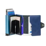 Billetera compacta de cuero sintético color marrón con doble compartimento de aluminio para tarjetas y bolsillo exterior con cierre metálico.