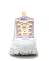Championes Cat modelo Intruder, con diseño robusto y suela dentada de gran tracción. Presenta una combinación de colores blanco, lila y detalles en amarillo, con logo de la marca en el lateral y la lengüeta. Confeccionados con capellada de cuero recubierta con PU y entresuela de EVA.