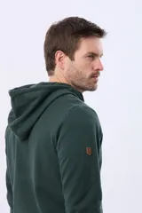 Canguro de felpa color azul marino con cierre frontal completo, capucha con cordones y bolsillos canguro.