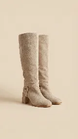 Botas de caña alta desmontables de gamuza color beige, con taco cuadrado de 6 cm y punta semi cuadrada. Presentan un diseño con costura central y detalle de estribo con hebilla forrada en el tobillo.