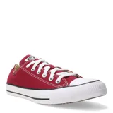 Championes Converse modelo Chuck Taylor All Star de corte bajo, confeccionados en lona de algodón color bordó. Presentan puntera de goma blanca, cordones blancos y suela de goma con franja negra característica.