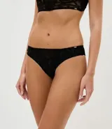 Bombacha bikini de hilo doble marca Lov, confeccionada en tul negro con textura geométrica y detalles transparentes.
