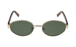 Lentes de sol con montura ovalada dorada y patillas de carey. Los cristales son de color verde oscuro.