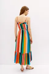 Vestido midi de tirantes finos con estampado de rayas verticales multicolores. Presenta un escote con detalle de fruncido y lazo, y un ruedo con volado que aporta movimiento a la prenda. Incluye un cinturón trenzado a juego en la cintura.