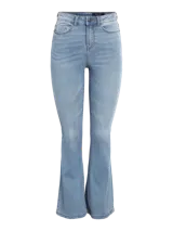 Pantalón jean flare de tiro alto, confeccionado en denim elástico con efecto desgastado y silueta ajustada que se ensancha levemente hacia los tobillos.