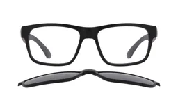 Anteojos de acetato negros con lentes transparentes y clip-on polarizado azul.