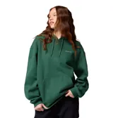 Buzo tipo canguro Columbia para mujer, color verde oscuro, con capucha ajustable con cordón, bolsillo frontal tipo canguro y puños y dobladillo acanalados. Presenta el logo de la marca bordado en el pecho.