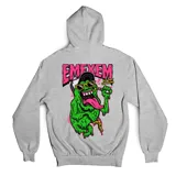 Canguro gris con capucha y cordones ajustables, presenta un estampado gráfico central con el logo de la marca en colores rosa y verde. Incluye un bolsillo frontal tipo canguro y una etiqueta pequeña en el ruedo.
