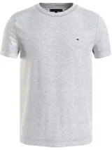 Remera gris de algodón con cuello redondo y logo de Tommy Hilfiger bordado en el pecho.