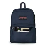 Mochila Jansport Double Break de 27 litros, color azul marino, con un compartimento principal amplio, un bolsillo frontal con cierre, bolsillo lateral portabotellas y parche con el logo de la marca bordado en el frente.