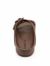 Sandalias de dos tiras negras con hebillas ajustables, plantilla anatómica y diseño ergonómico.