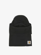 Máscara tipo pasamontañas de Carhartt confeccionada en tejido polar negro de peso medio, con diseño funcional que cubre cabeza y cuello, y etiqueta cuadrada tejida con logo en el lateral.
