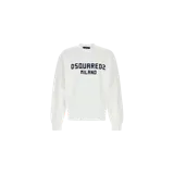 Buzo de cuello redondo Dsquared2, color blanco, con estampa frontal con el nombre de la marca y la ciudad de Milán en azul marino. Cuenta con diseño de mangas largas y puños y dobladillo en rib.