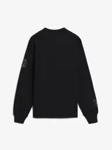 Remera de manga larga Carhartt en color negro, con cuello redondo y diseño gráfico bordado en hilo blanco en el frente que incluye el logo de la marca y una figura de león. Presenta detalles gráficos adicionales en las mangas.