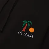Canguro negro con capucha y cordones ajustables, bolsillo tipo canguro y puños y cintura acanalados. Estampado pequeño en el pecho con una palmera, el sol y el texto "La Isla".