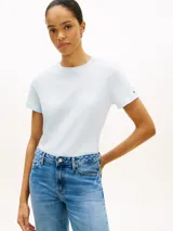 Remera de algodón celeste con cuello redondo, manga corta y logo de Tommy Hilfiger estampado en el pecho, además de un pequeño logo bordado en la manga.