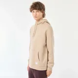 Buzo de chándal con capucha color beige, con cordones ajustables, bolsillo canguro frontal y puños y dobladillo acanalados.