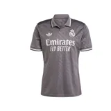 Camiseta de fútbol Adidas del Real Madrid, modelo Tercer Uniforme. Diseño gris con cuello polo, logo de Adidas y escudo del club en blanco. Estampado frontal con el sponsor Emirates Fly Better.