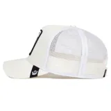 Gorra trucker Goorin Bros color beige con malla blanca y cierre snapback, con parche bordado frontal de un tigre blanco y la palabra "Tiger".