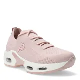 Championes deportivos de mujer con capellada de tejido knit en color rosado, diseño tipo slip-on con cordones decorativos y suela chunky con cámara de aire visible.