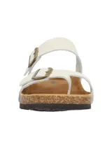 Sandalias de cuero color blanco con suela anatómica de corcho, tiras ajustables con hebillas metálicas y diseño entre dedos.